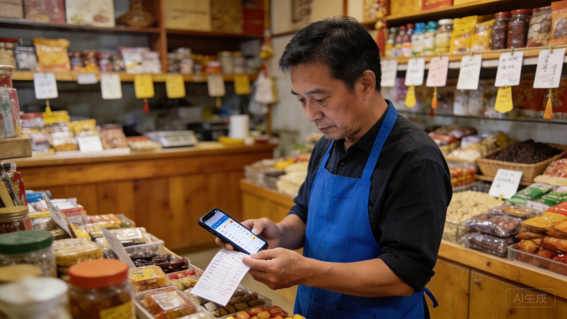 中国店主使用手机开单并核对货品