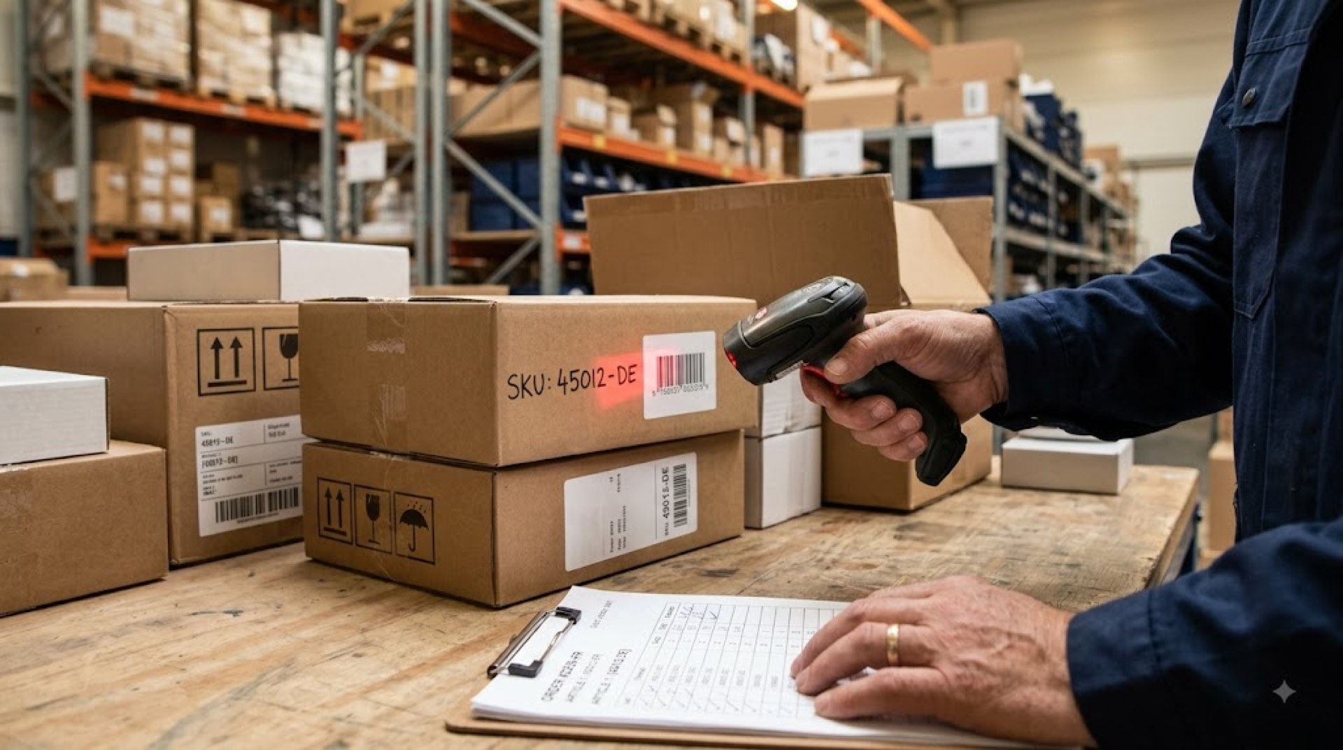 Worker scanning the barcode of a SKU