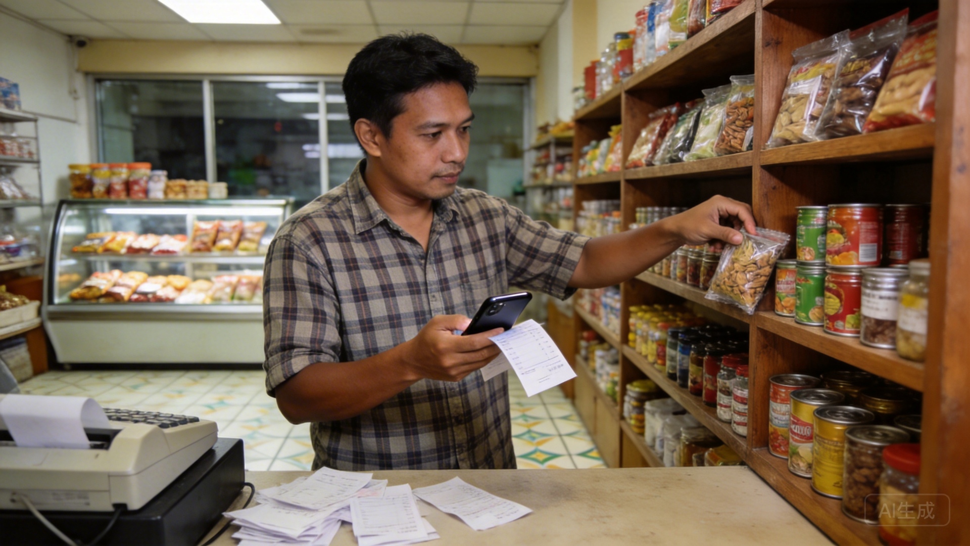 Shop owner using mobile invoicing while checking stock